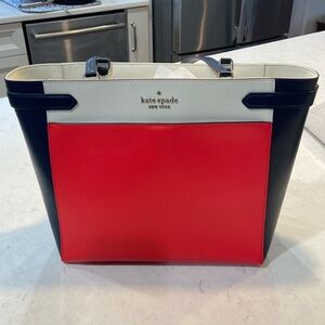 Kate Spade laptop tote red blue and cream NWOT